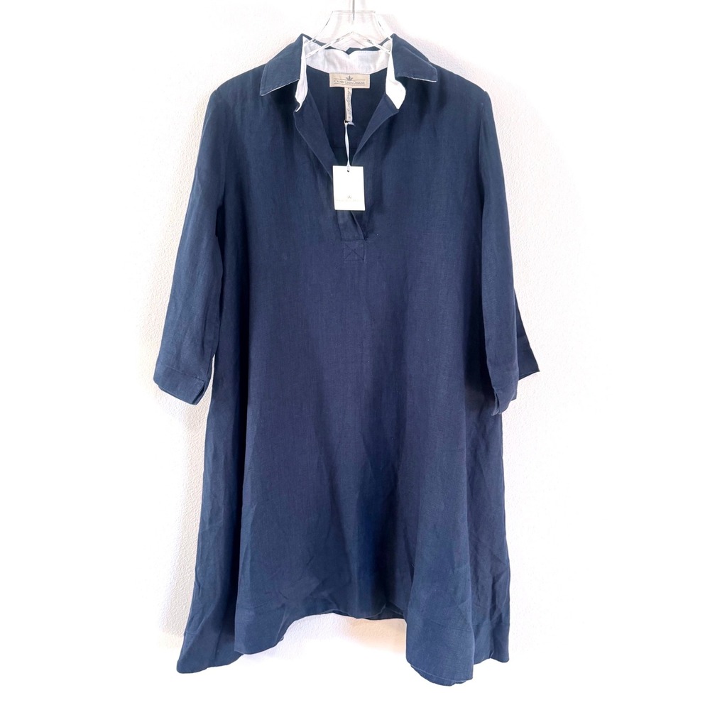 Crown Linen Design Navy Blue Linen Tunic Dress with Contrast Collar